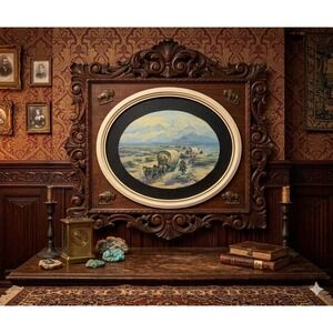 Antique Western Covered Wagon Lithograph Oval Frame Pioneer Scene John Teale Art